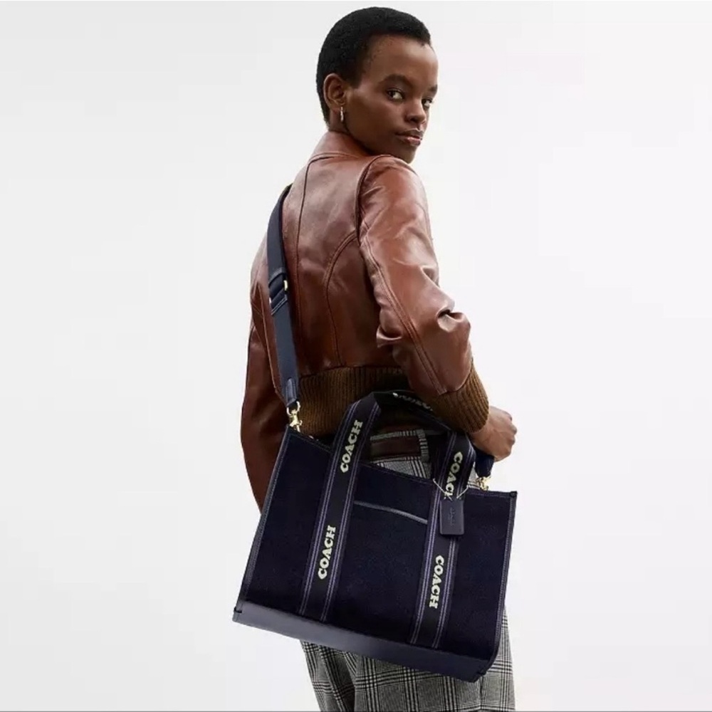 Coach Navy Blue Canvas Tote with Striped Handles - Picture 3 of 16